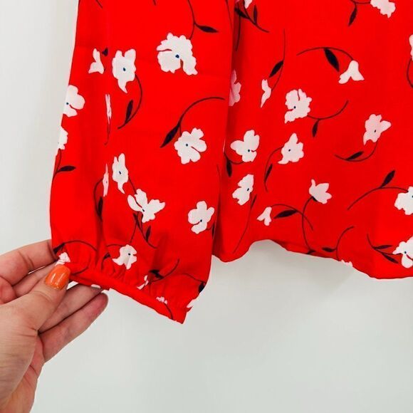 J. Crew Size Large Petite PL Red Floral Long Sleeve Ruffleneck Blouse Top - Picture 5 of 7